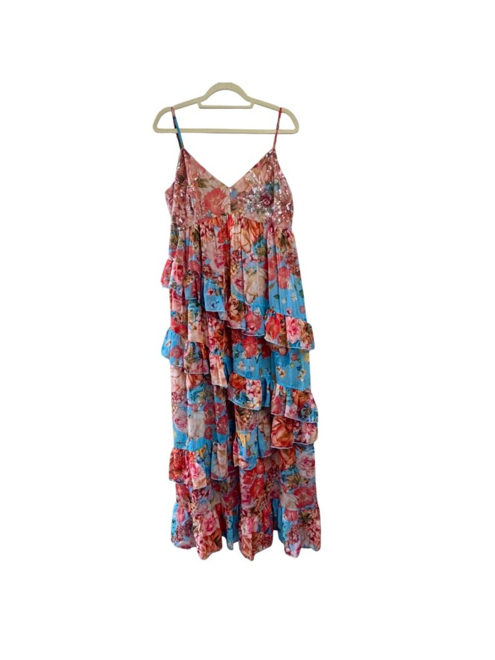BADGLEY MISCHKA Floral Tiered Maxi Dress Womens 16 Fancy Coral Blue Ruffles - Picture 1 of 12